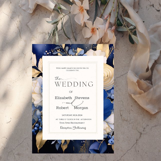 Convite de Casamento Flores de Creme Azul Chic Nav (Criador carregado)