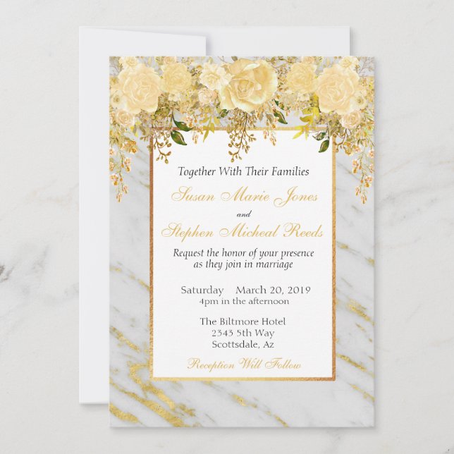 Convite de Casamento Flores de Mármore Metálico Do (Frente)