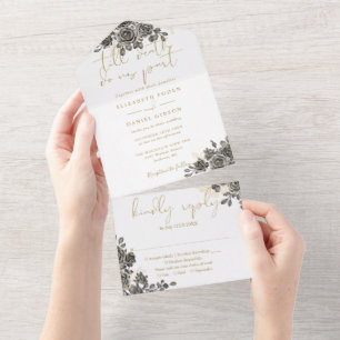 Convite de Casamento Flores de Rosas Góticas Doura
