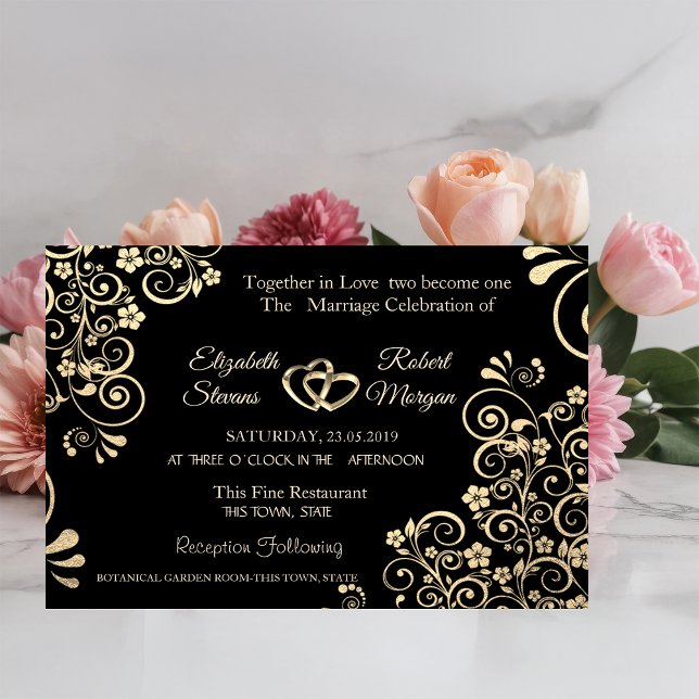Convite de Casamento Flores Douradas Chic Elegante (Criador carregado)