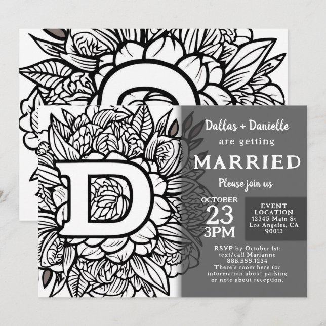 Convite de Casamento Flores Monograma Preto e Bran (Frente/Verso)