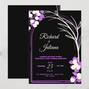convite de casamento flores pretas de fundo roxo