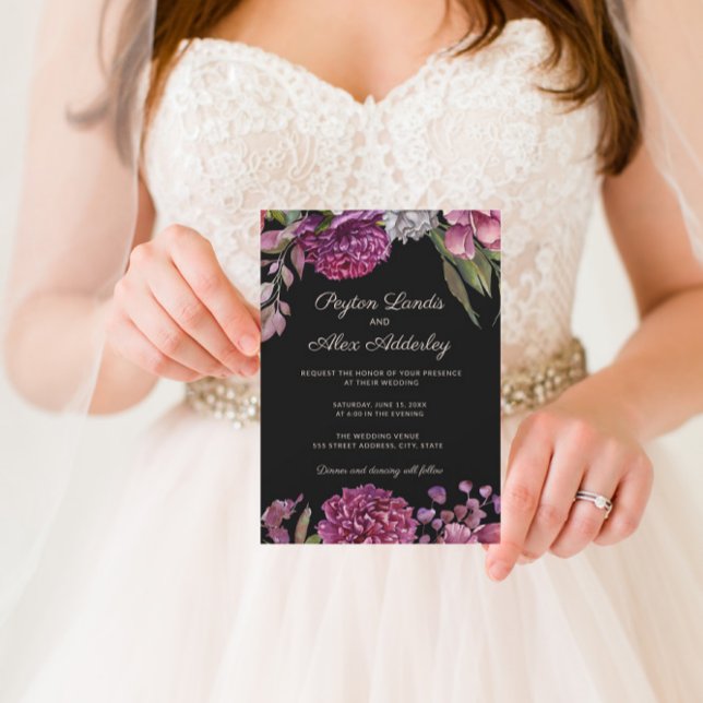 Convite de Casamento Flores Pretas Roxas Temperame (Criador carregado)