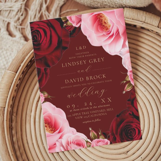 Convite de Casamento Flores Rosas Blush Burgundy (Criador carregado)