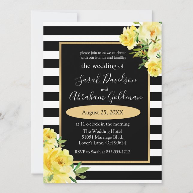 Convite de Casamento Flores Rosas Listras Preto e  (Frente)