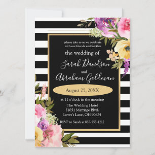 Convite de Casamento Flores Rosas Listras Preto e