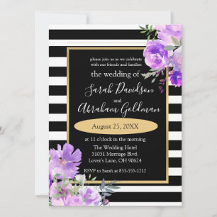 Convite de Casamento Flores Rosas Listras Preto e