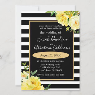 Convite de Casamento Flores Rosas Listras Preto e