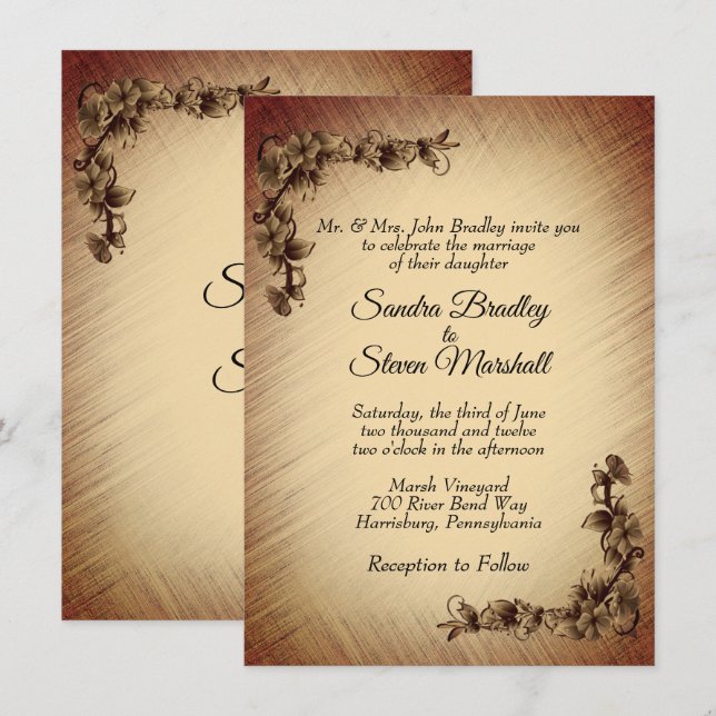 Convite de Casamento Flores Rústicas Profundas (Frente/Verso)