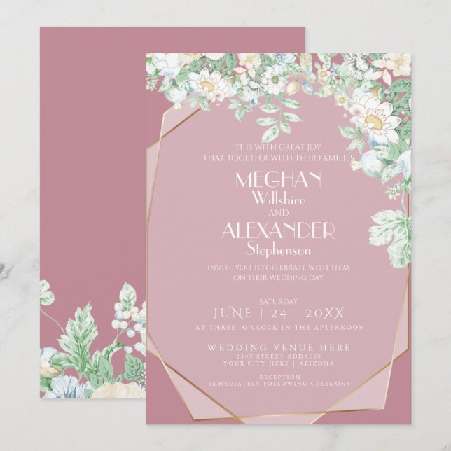 Convite De Casamento | Flores Selvagens Geométrica (Frente/Verso)