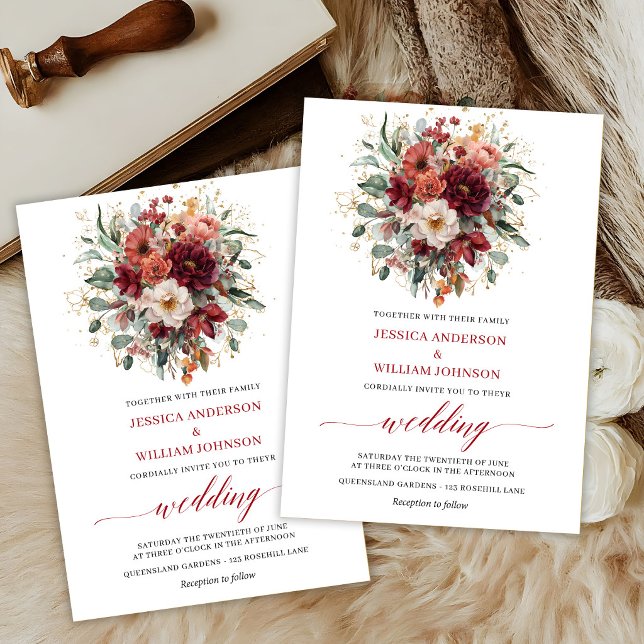 Convite de Casamento Flores Verdejantes Boho Borgo (Burgundy Boho Autumn Flowers Greenery Wedding Invite

)