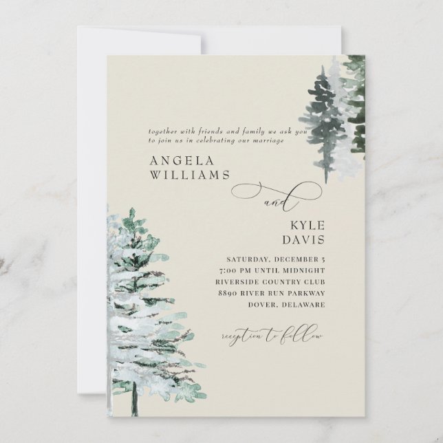 Convite de Casamento Floresta de Inverno Bege (Frente)
