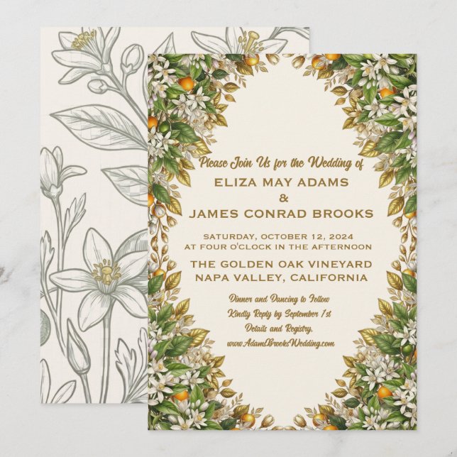 Convite de Casamento Florida Orange Blossom (Frente/Verso)