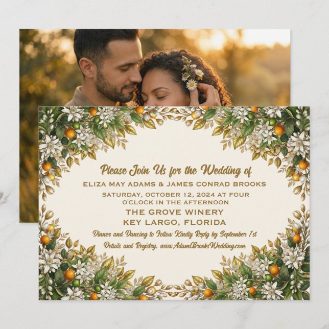 Convite de Casamento Florida Orange Blossom (Frente/Verso)