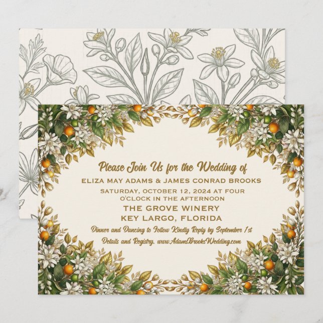 Convite de Casamento Florida Orange Blossom (Frente/Verso)