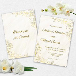 Convite de casamento florido dourado