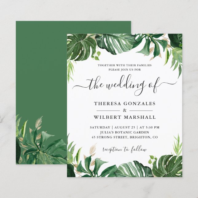 Convite de Casamento Folha de Palmeira Tropical Ve (Frente/Verso)