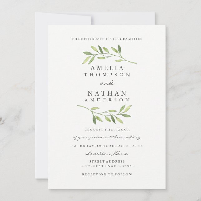 Convite de Casamento Folha Verde Aquarela (Frente)