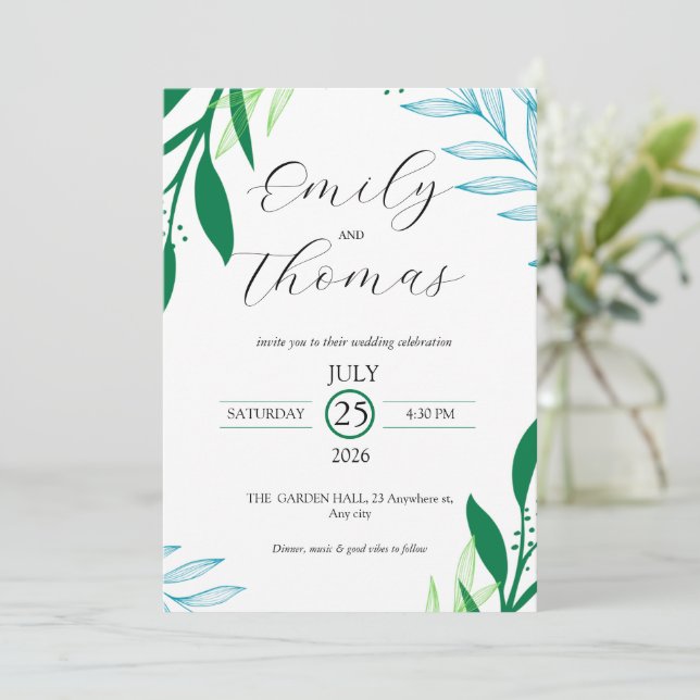 Convite de Casamento Folha Verde Botânica Moderna (Em pé/Frente)