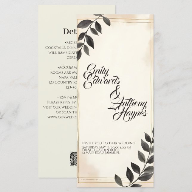 Convite de Casamento Folha Verde Escuro Elegante (Frente/Verso)