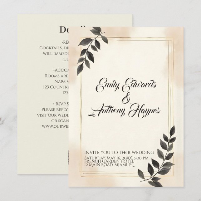 Convite de Casamento Folha Verde Escuro Elegante (Frente/Verso)