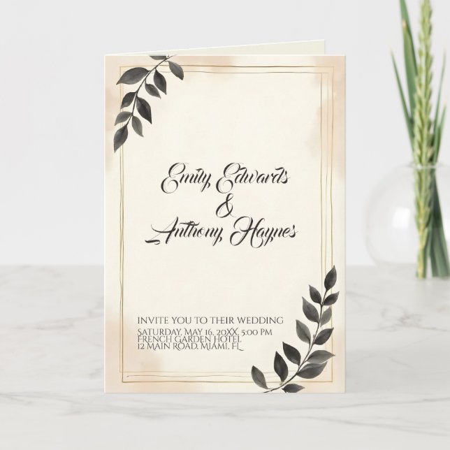 Convite de Casamento Folha Verde Escuro Elegante (Frente)