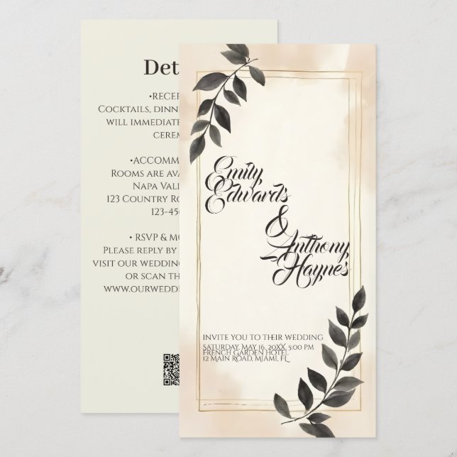 Convite de Casamento Folha Verde Escuro Elegante (Frente/Verso)