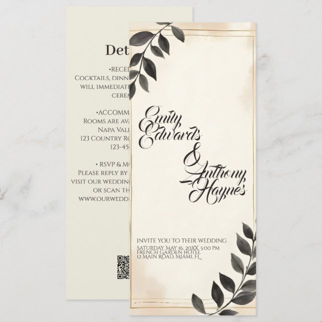 Convite de Casamento Folha Verde Escuro Elegante (Frente/Verso)