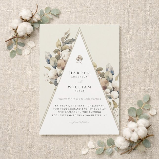 convite de casamento folhagem algodão triângulo bo (Rustic triangle wedding inviation featuring Cotton and eucalyptus, boho-wedding.)