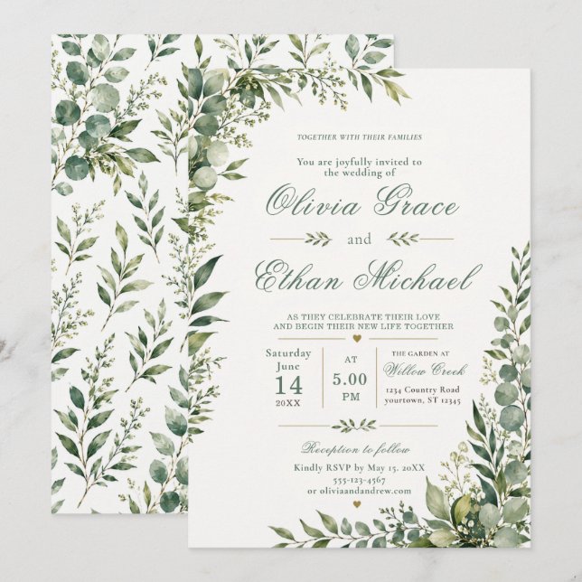 Convite de Casamento Folhagem Botânica (Frente/Verso)