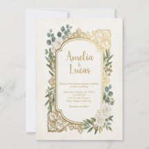 Convite de Casamento Folhagem Dourada Marfim Elega
