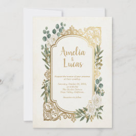 Convite de Casamento Folhagem Dourada Marfim Elega