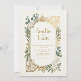 Convite de Casamento Folhagem Dourada Marfim Elega