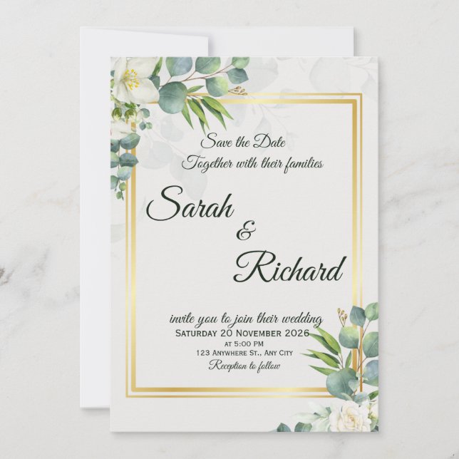 Convite de Casamento Folhagem Elegante Minimalista (Frente)