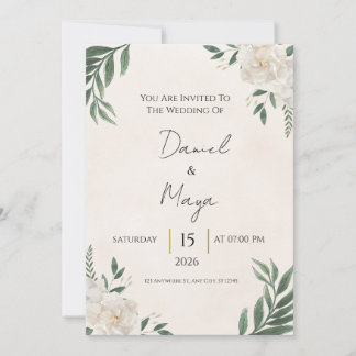 Convite de Casamento Folhagem Elegante Rosa Branca
