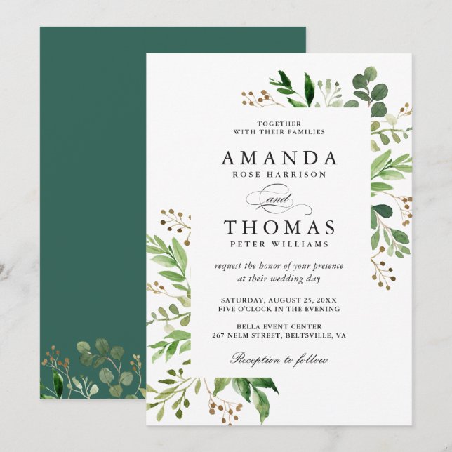Convite de Casamento Folhagem Folhas Verdes (Frente/Verso)