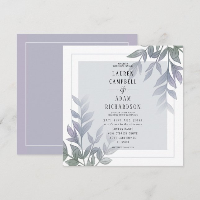 Convite de Casamento Folhagem Moderna Lilás Roxo (Frente/Verso)
