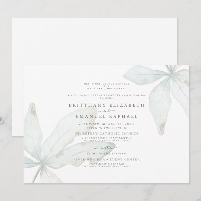 Convite de Casamento Folhagem Tropical Branca Simp (Frente/Verso)