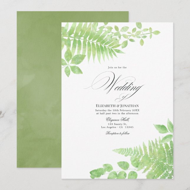 Convite de Casamento Folhagem Verde Aquarela (Frente/Verso)