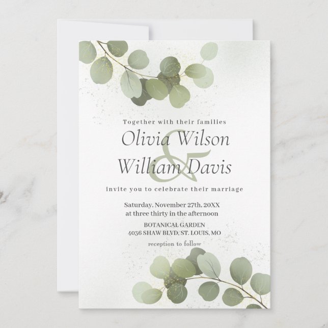 Convite de Casamento Folhagem Verde Eucalipto (Frente)