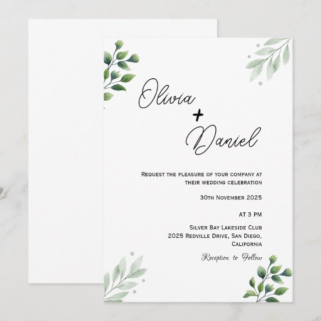 Convite de Casamento Folhagem Vintage (Frente/Verso)