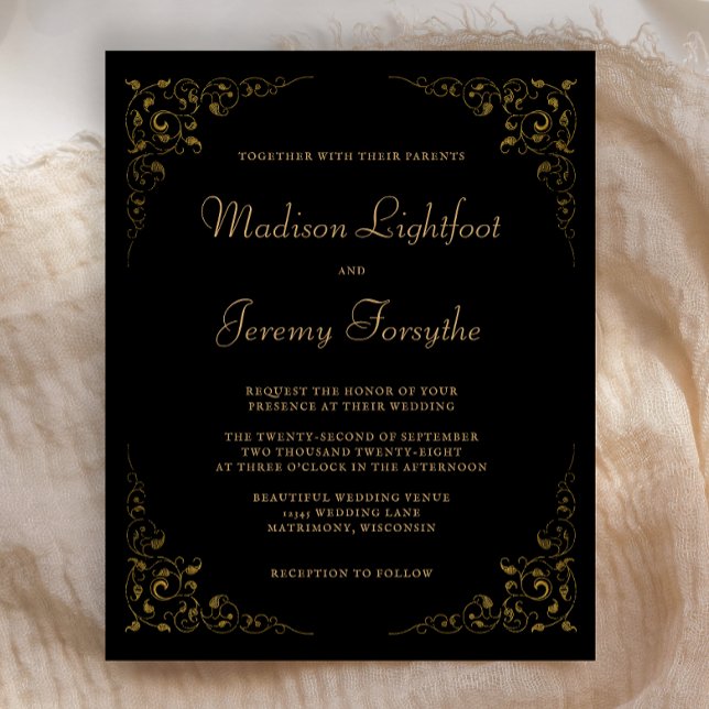 Convite de Casamento Folhagem Vintage Black Gold O (Criador carregado)
