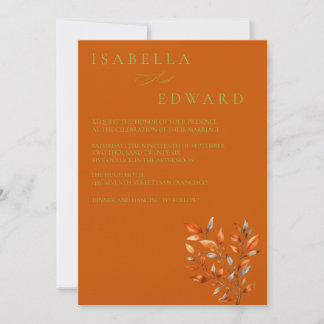 Convite de Casamento Folhas de Aquarela Laranja Qu
