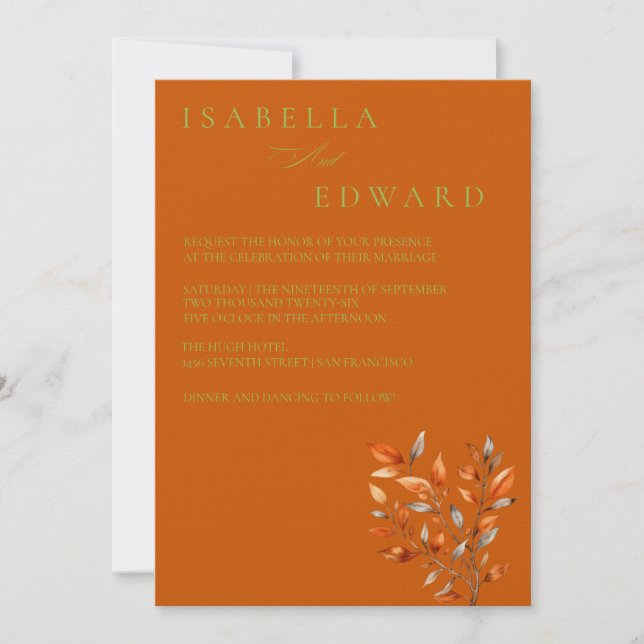 Convite de Casamento Folhas de Aquarela Laranja Qu (Frente)