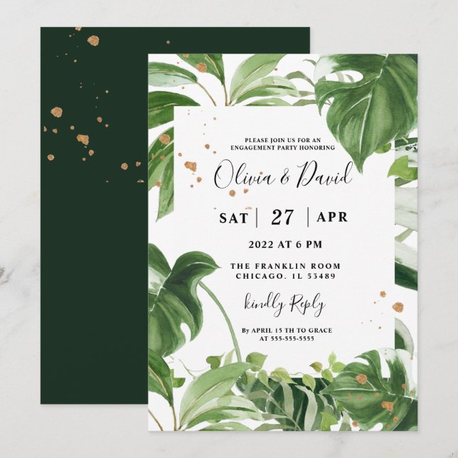 Convite de Casamento Folhas de Aquarela Tropical (Frente/Verso)