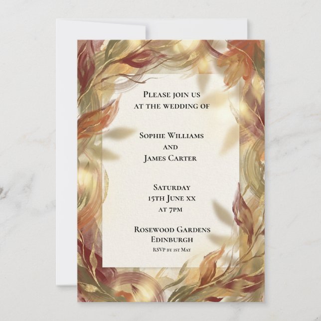 Convite de Casamento Folhas de Outono Borgonha (Frente)