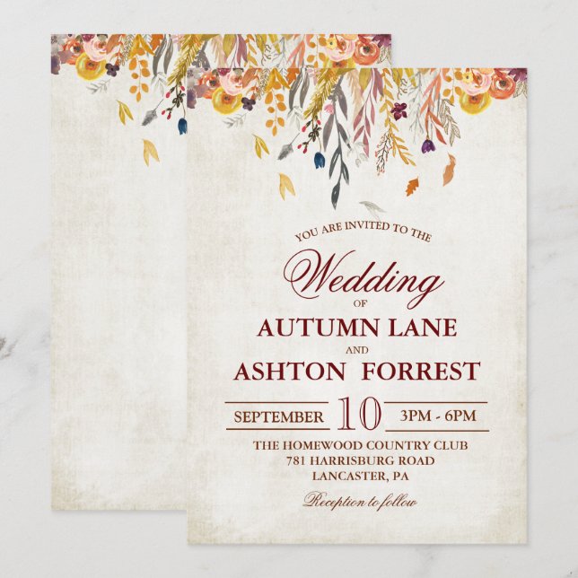 Convite de Casamento Folhas de Outono Rústico (Frente/Verso)