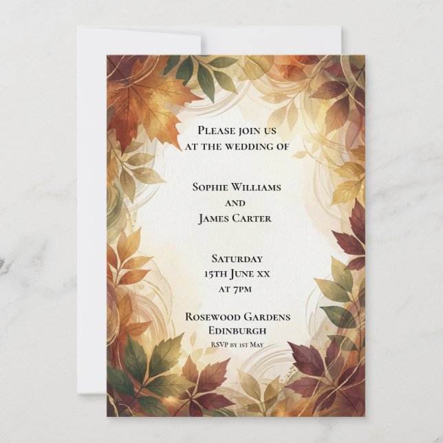 Convite de Casamento Folhas de Outono Rústico (Frente)