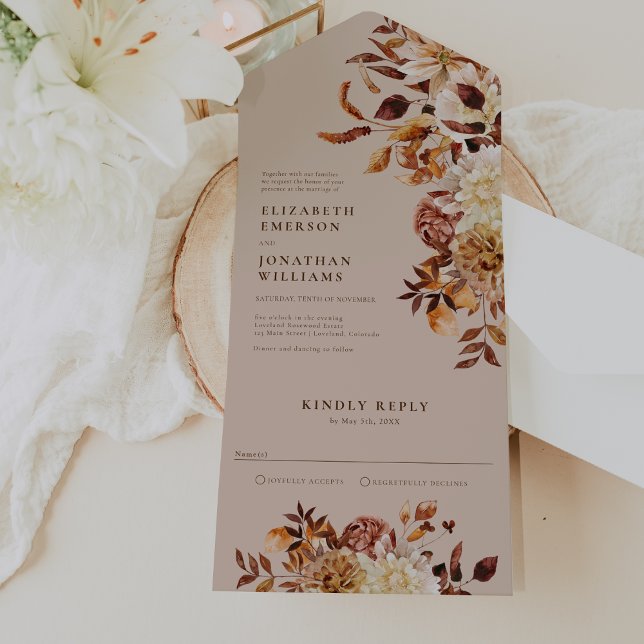Convite de Casamento Folhas de Outono Tudo em Um (Elegant Fall Leaves Wedding All In One Invitation by Painted Paperie
)