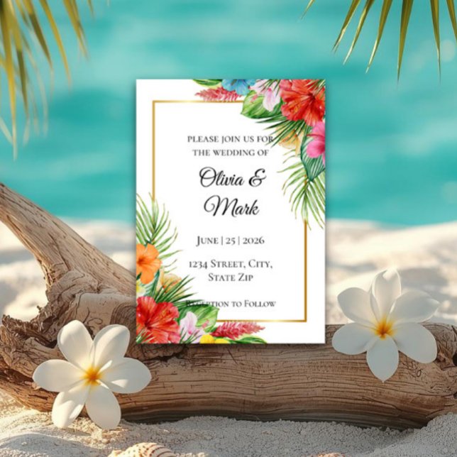 Convite de Casamento Folhas de Palmeira Tropicais  (Elegant tropical palm leaf wedding invitation for beach, destination, coastal, and summer weddings.)